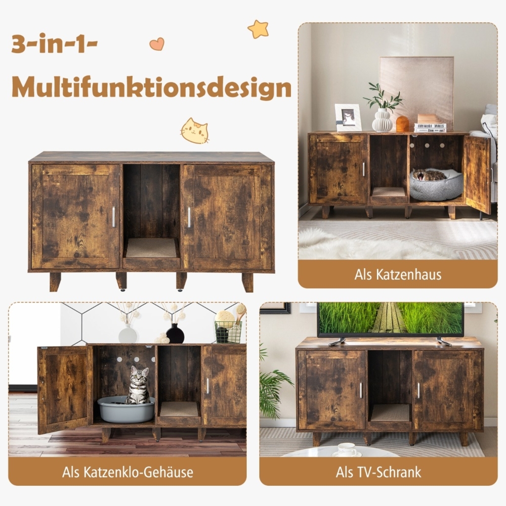 Katzenschrank für Katzentoilette mit 2 Türen & Kratzbrett & Eingang 120 x 52 x 65 cm Vintage Bild 1