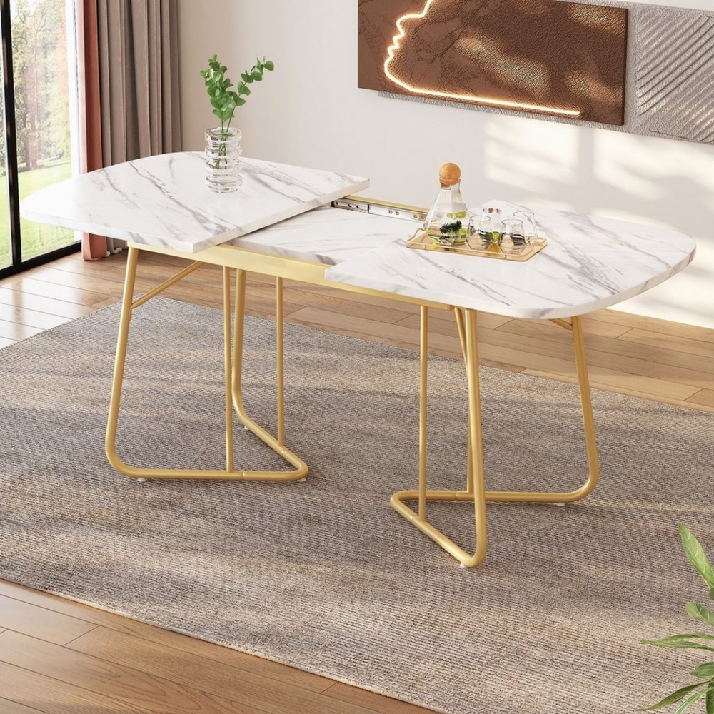 BlingBin Esstisch Erweiterbarer Esstisch, Marmorstruktur, Vergoldete Metall-Tischbeine (Exquisiter Luxus-Stil, Einfache Installation und Hochwertiges MDF-Material, 1-St, 140/180*80 cm, Tragendes Gewicht: 60KG), Rechtwinkliger Esstisch, Geeignet für 4–6... Bild 1
