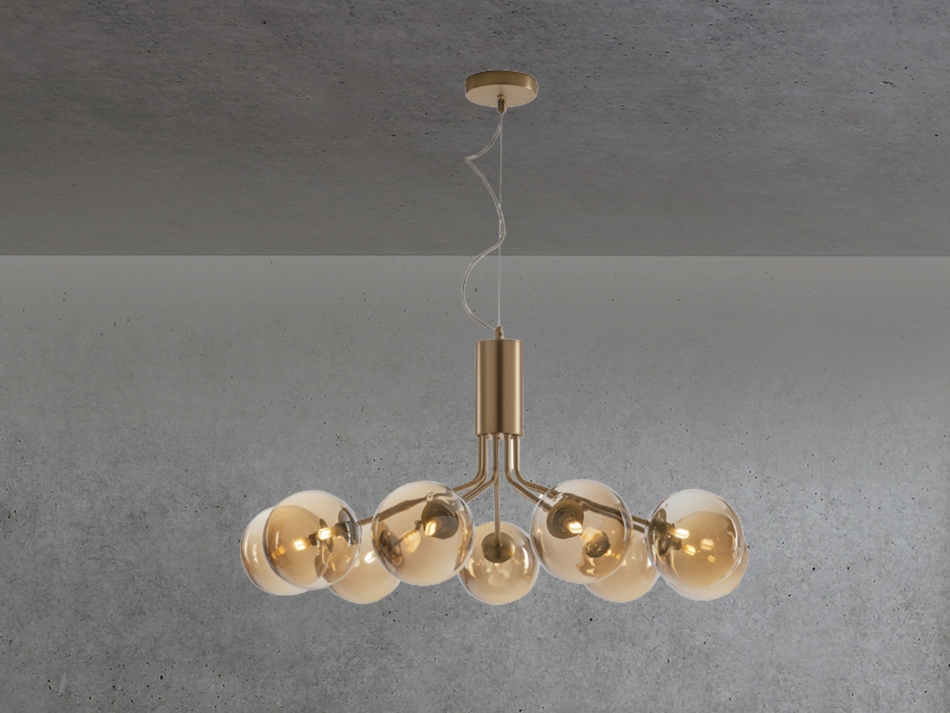 LED Pendelleuchte 9 flammig Messing & Amberglas Höhe 161cm, Ø 83cm Bild 1