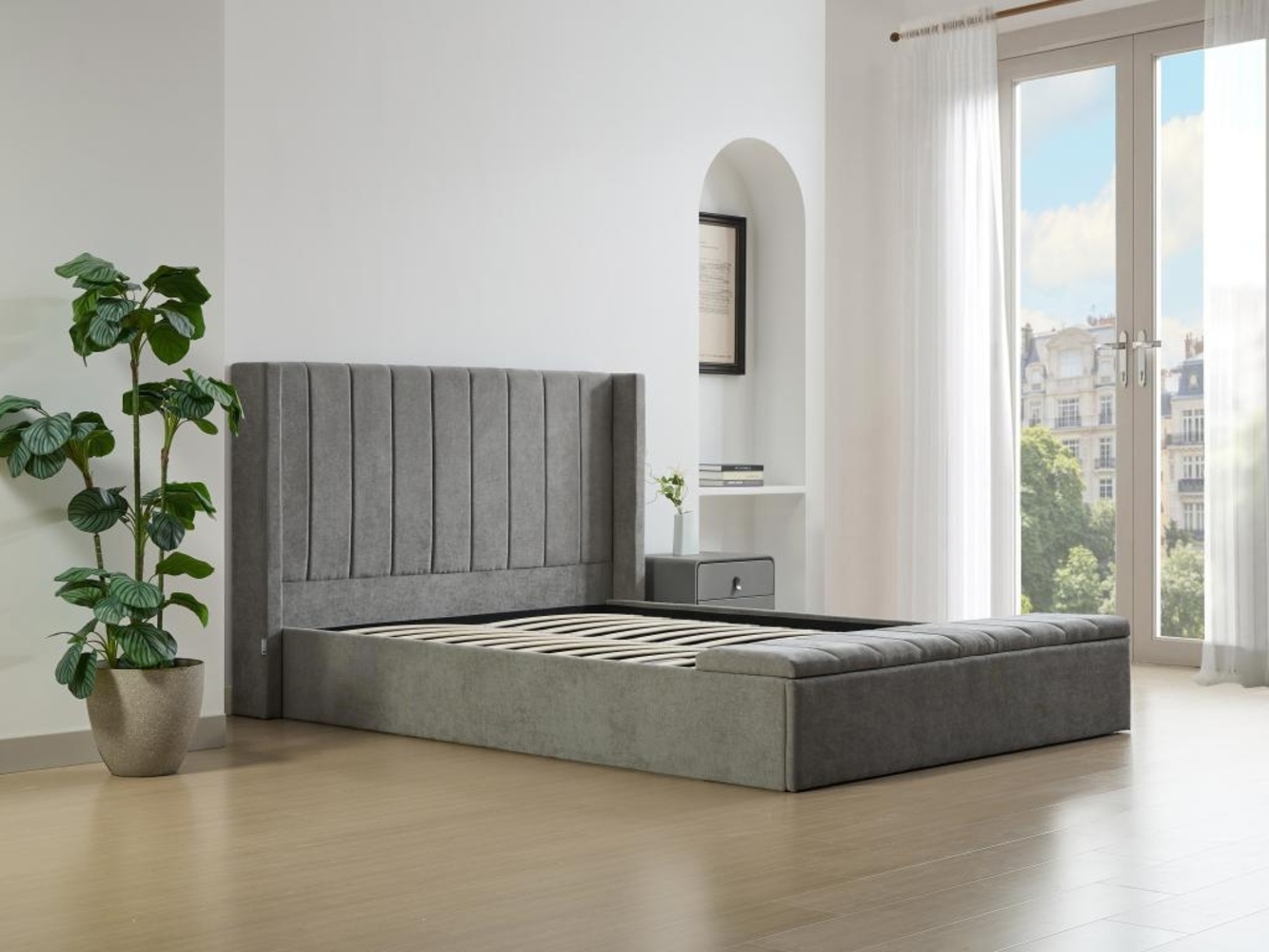 Vente-unique - Bett mit Bettkasten & Bank - 140 x 190 cm - Stoff - Grau - DOUINO Bild 1