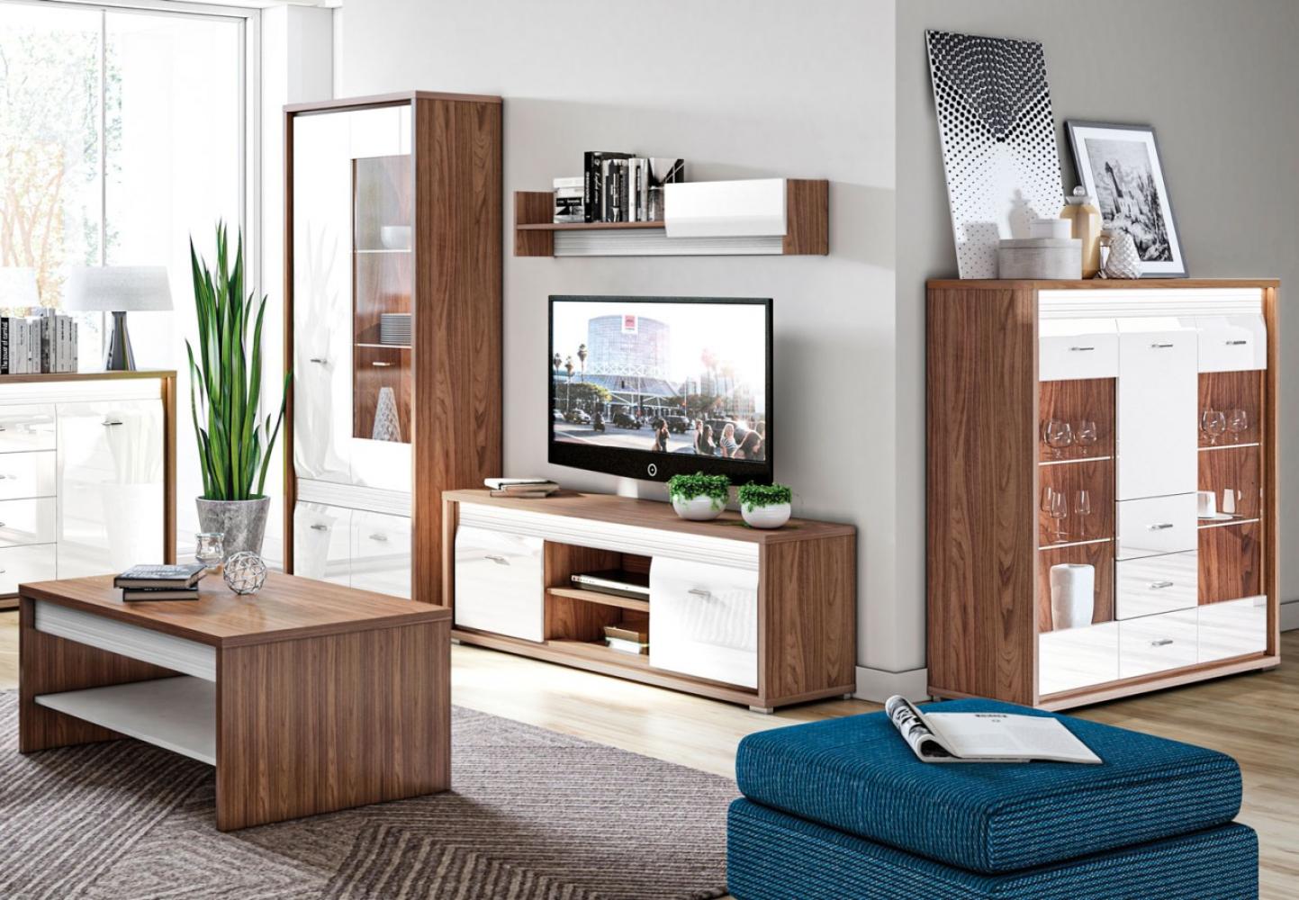 Wohnzimmer-Set "Dallas" Wohnwand 5-teilig Walnuss MDF weiß Hochglanz Bild 1