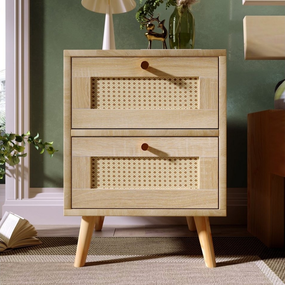 HAUSS SPLOE Nachttisch Kommode Schubladenkommode Sideboard Beistelltisch (1-St, Eiche -H79.5/B48.6/T48.5 cm), Geflecht Rattan Bild 1