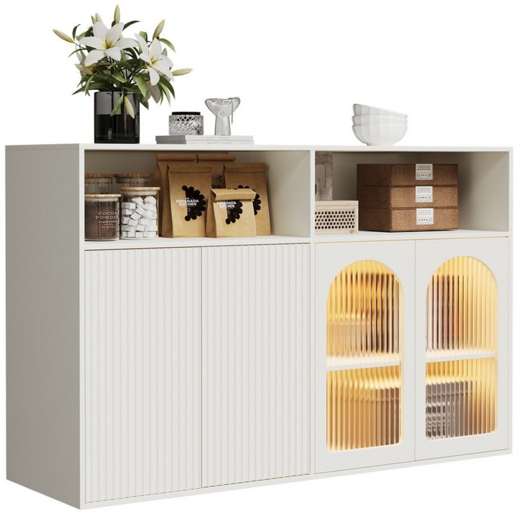 MODFU Sideboard Schrank mit Glastür (Kommode, freistehender Holzschrank, 1 St, 4 Türen und 2 offene Fächer), mit LED-Licht, 140×35×90cm Bild 1