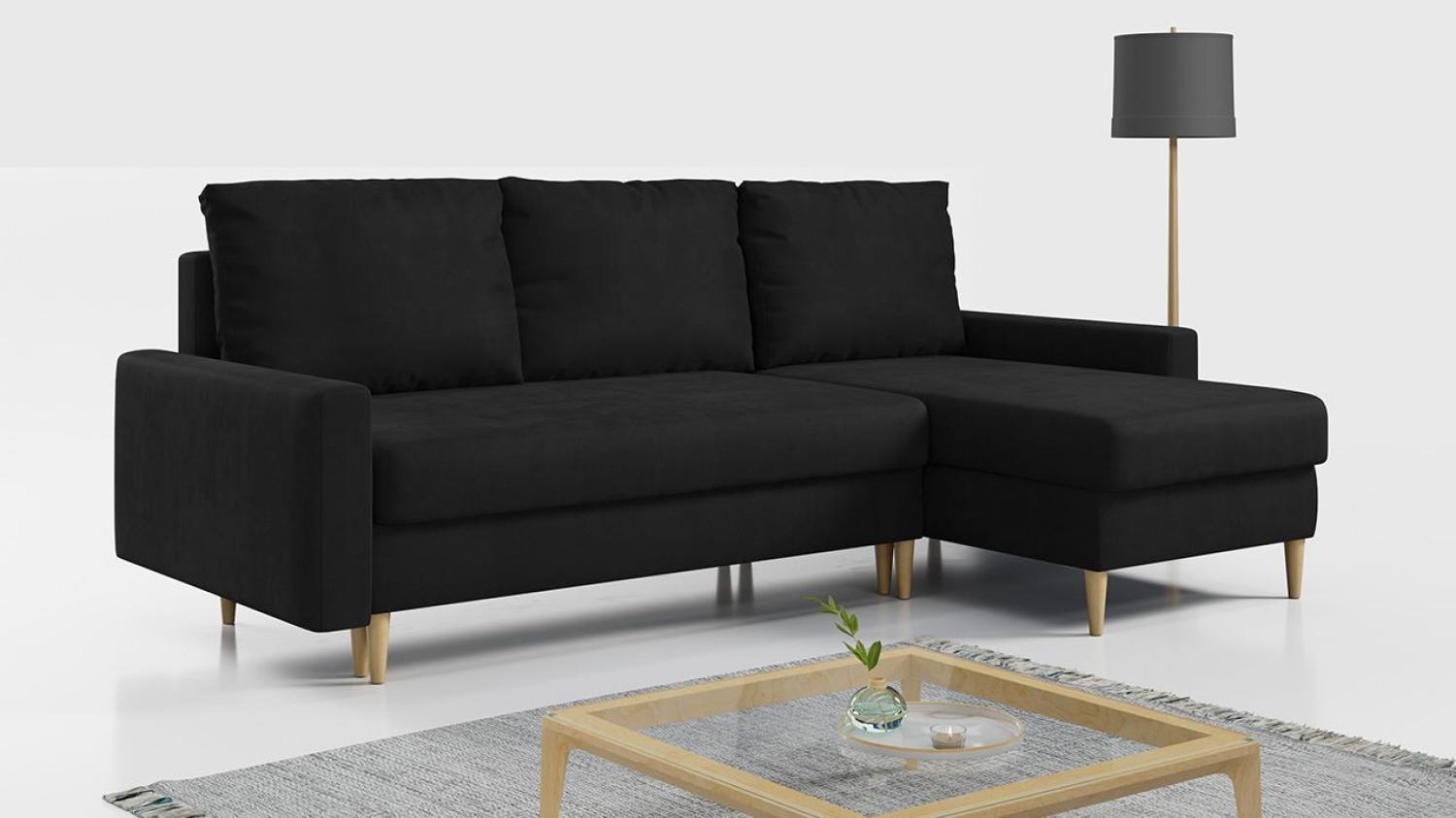 Ecksofa - L-form mit Schlaffunktion und Bettkasten - LANG - Schwarz Mikrofaser Bild 1