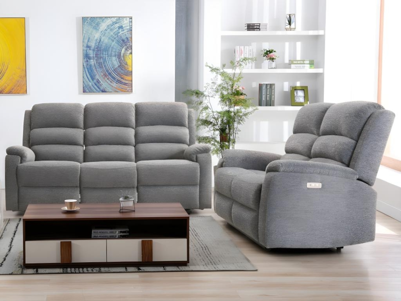 Vente-unique - Couchgarnitur mit elektrischer Relaxfunktion 3+2 - Stoff - Grau - NEVERS Bild 1