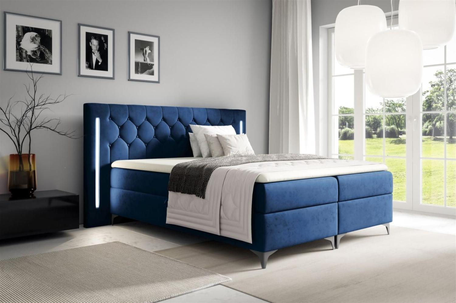 Boxspringbett Schlafzimmerbett ELODIE 160x220cm Blau inkl. Ambiente-LED Bild 1