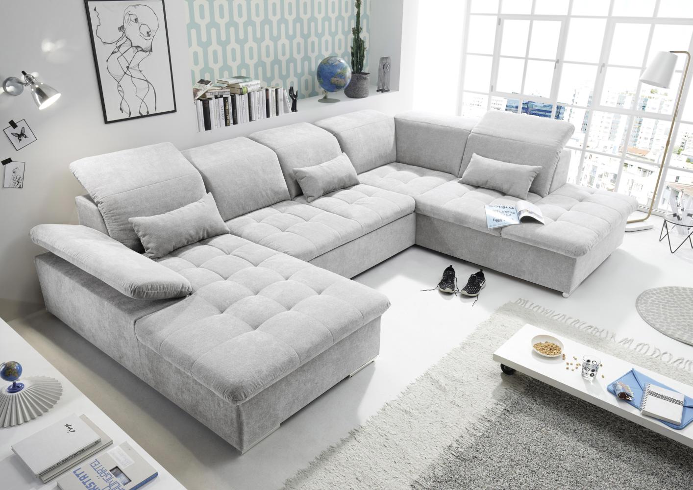 Couch WAYNE R Sofa Schlafcouch Wohnlandschaft Schlaffunktion hellgrau U-Form Bild 1