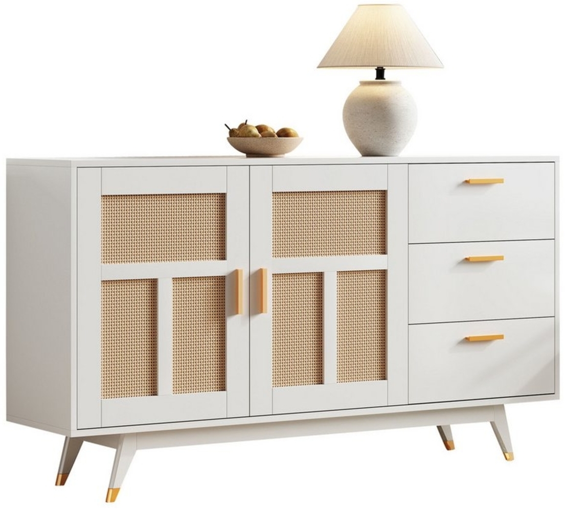 BlingBin Sideboard Moderner Dekorativer Rattan Schrank mit 2 Rattan Türen 3 Schubladen (1er Set, 1 St, Maße: 160*40*87 cm, Max Belastbarkeit: 80KG), Multifunktionaler Aufbewahrungsschrank, Buffet Golddekoration, Weiß Bild 1