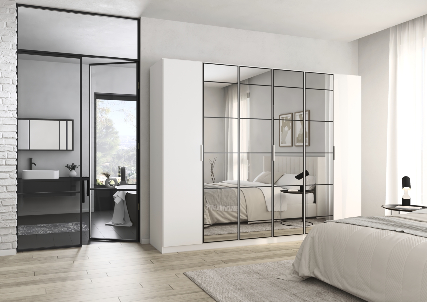 rauch Acero, Kleiderschrank, Garderobenschrank in moderner Loft-Optik, 6-türig, 4 Glastüren, mit 3 Kleiderstangen und 3 Einlegeböden, Farbe Weiß, BxHxT 271x210x54cm Bild 1