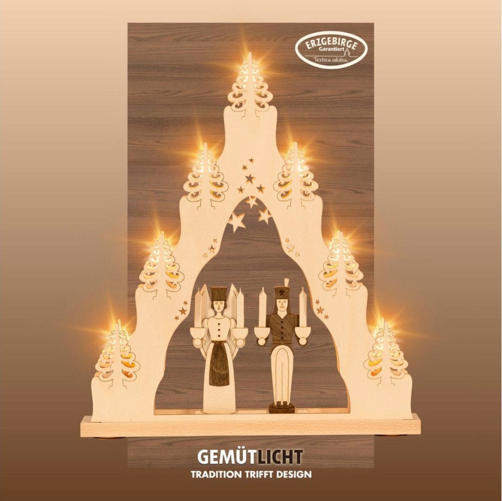 Weigla Schwibbogen Engel & Bergmann, Lichterspitze aus Holz, NATUR-BRAUN, Made in Germany, Erzgebirge garantiert, Weihnachtsdeko Innen, Weihnachtsbeleuchtung Bild 1