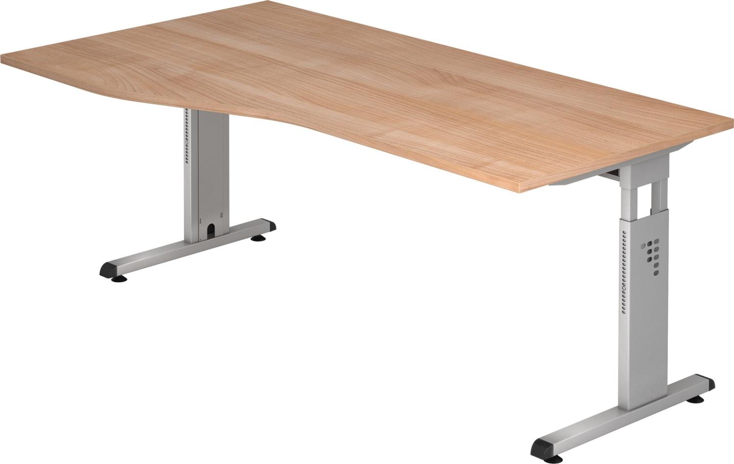 bümö höhenverstellbarer Schreibtisch O-Serie 180x100 cm in Nussbaum, Gestell in Silber - großer PC Tisch für's Büro manuell höhenverstellbar, Computertisch verstellbar, OS-18-N-S Bild 1