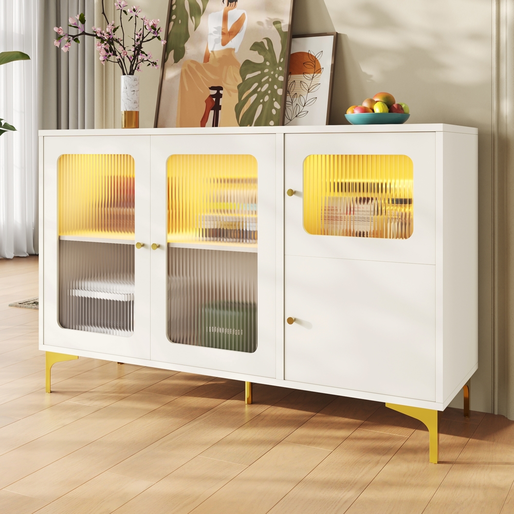 Merax Sideboard mit Led-Beleuchtung(1 St, mit goldenen Metallbeinen und Griffen), Aufbewahrungsschrank mit 4 Glastüren Wohnzimmer, Breite 140 cm, Weiß Bild 1