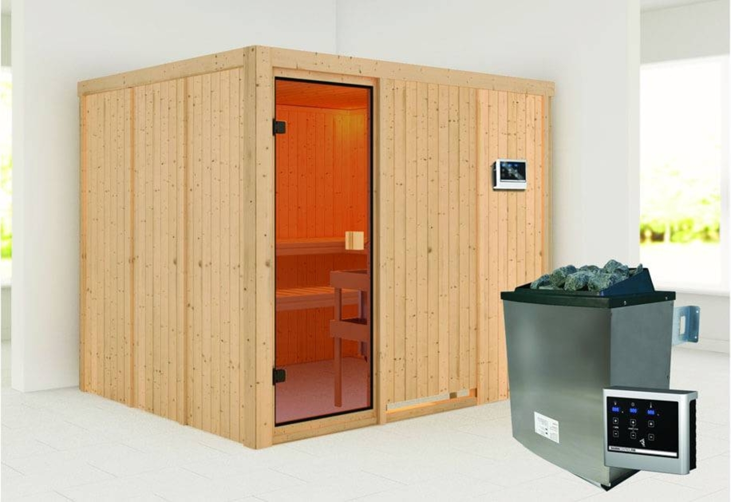 Karibu Woodfeeling Sauna Nybro mit Fronteinstieg Innensauna 3 Sitzbänke aus Holz Saunakabine mit 68 mm Wandstärke Dampfsauna Bild 1