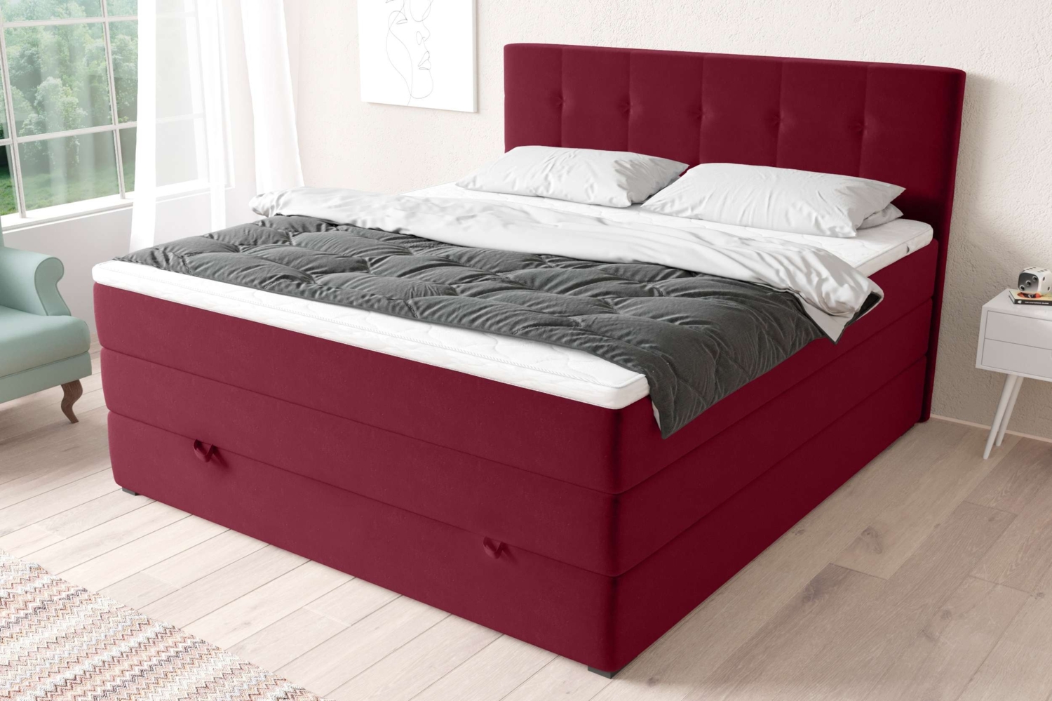 99rooms Madagaskar Boxspringbett Velours KRONOS Rot 160x200 cm Taschen-Federung Bild 1