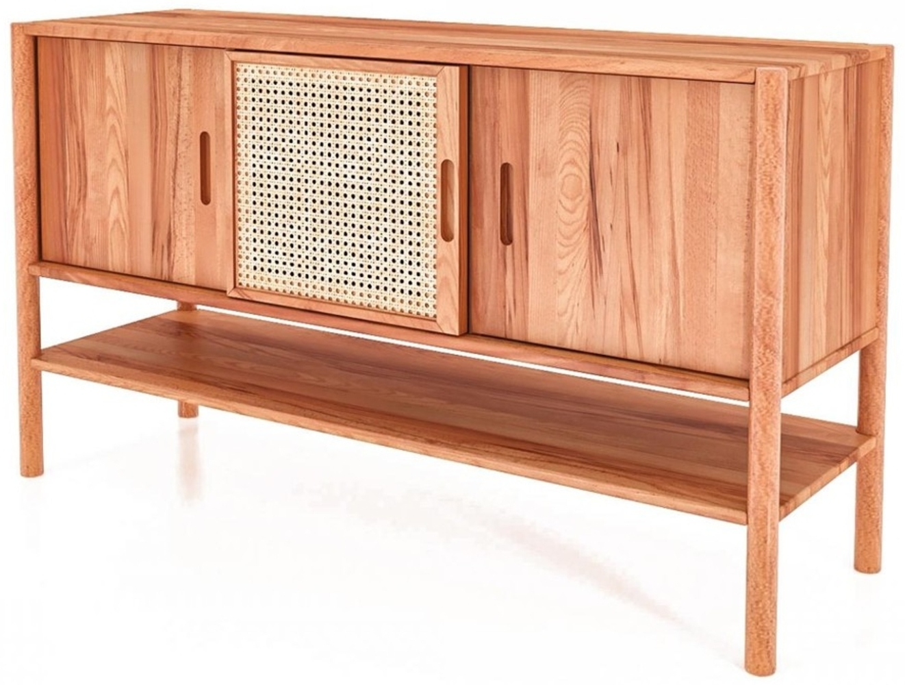 Kommode Zola Kernbuche massiv und Rattan 142x81 cm mit 3 Schiebetüren Bild 1
