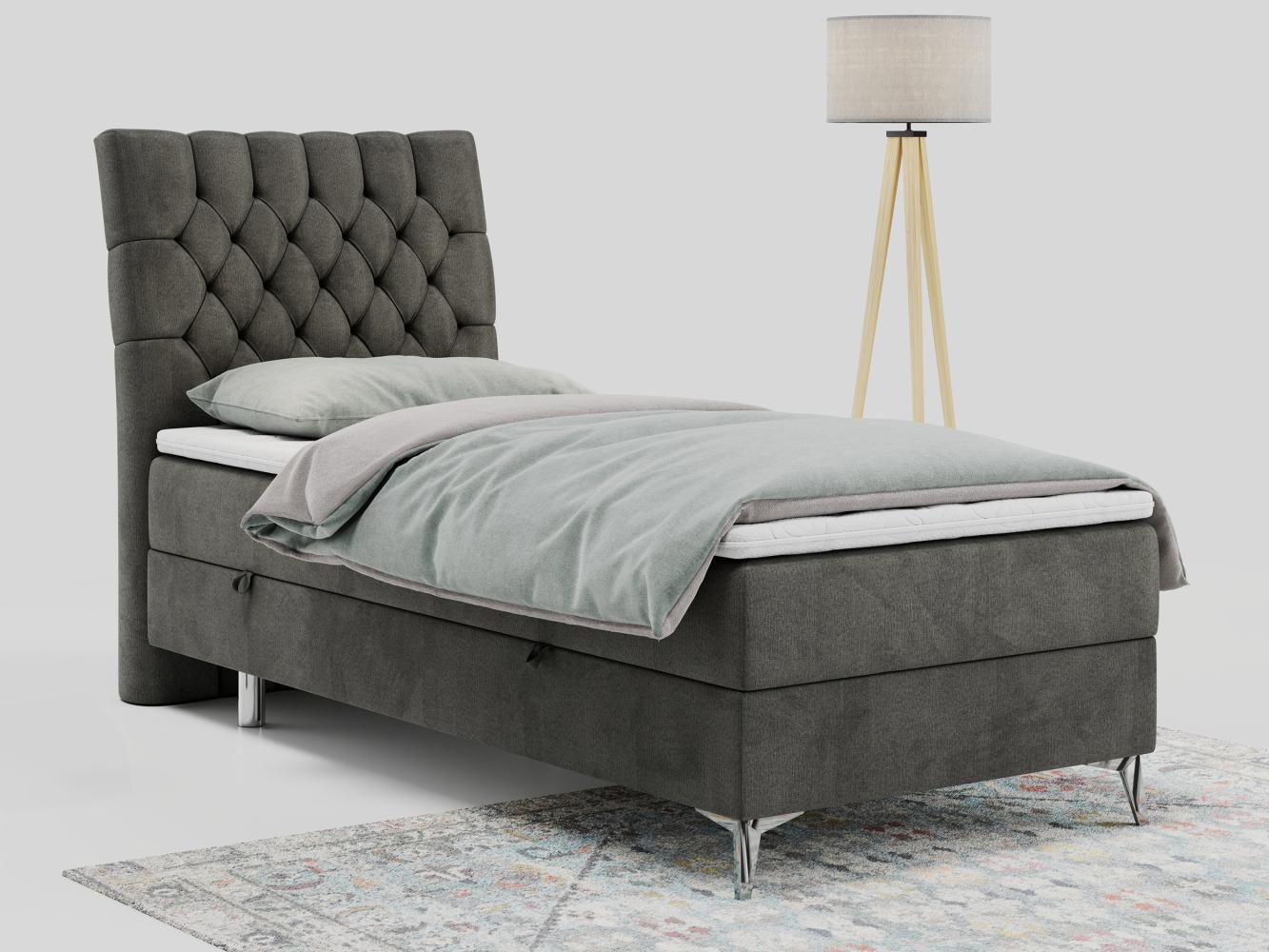 Boxspringbett MILEN, Einzelbett 90x200, Polsterbett mit Multipocket-Matratze und Topper - Dunkelgrau velours - links - H3 Bild 1