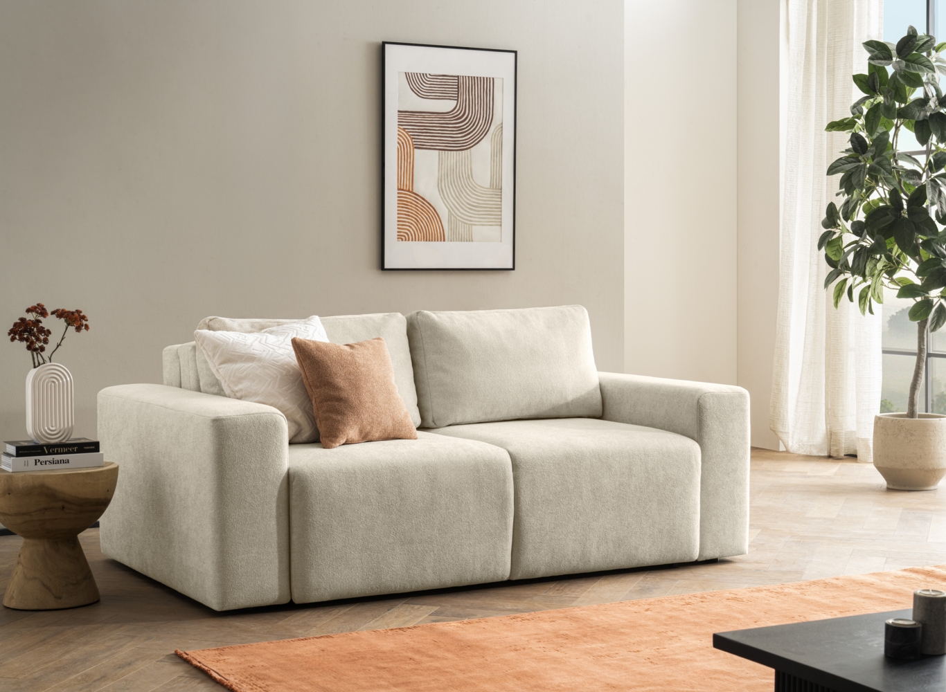 DOMO. collection Sofa 700 029, 2-Sitzer Couch mit Schlaffunktion und Federkernpolsterung, lose Rückenkissen, Polstergarnitur, 192 x 116 x 85 cm (BxTxH), beige Bild 1