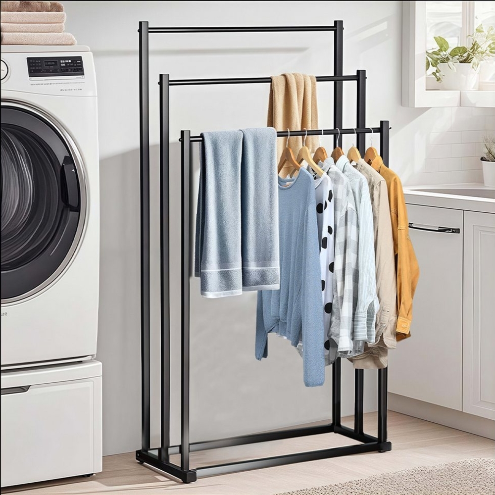 YMQHBS Wäscheständer Wäscheständer mit 3 Stangen aus Metall, Handtuchhalter, Beweglich, Handtuchhalter ohne Bohren, freistehend mit 3 Stangen aus Metall Bild 1