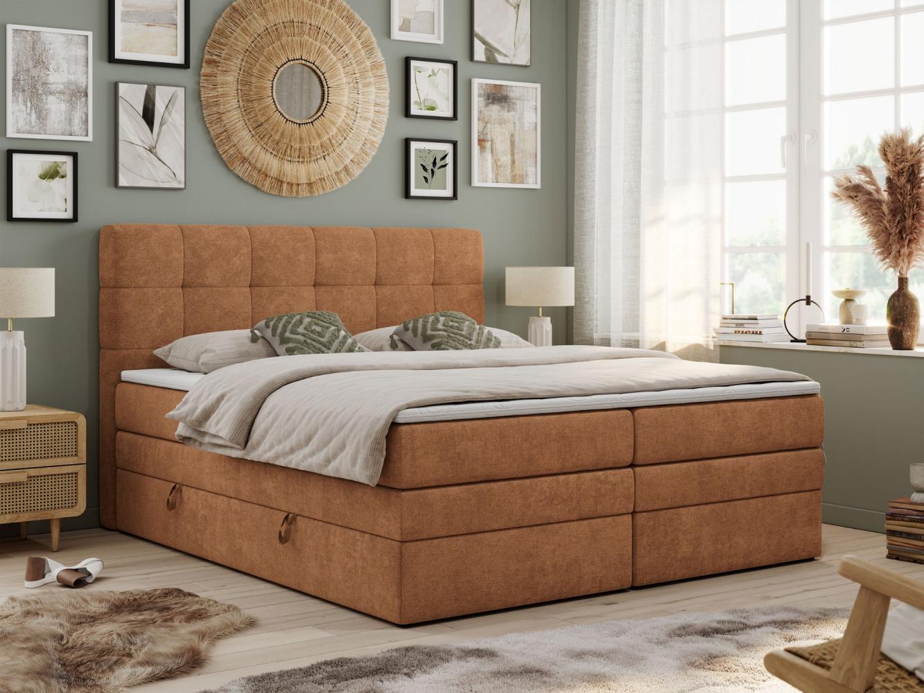 Boxspringbett mit Kopfteil und Topper, Polsterbett - LUKA-KING - 140x200cm - Orange Stoff - H3 Bild 1