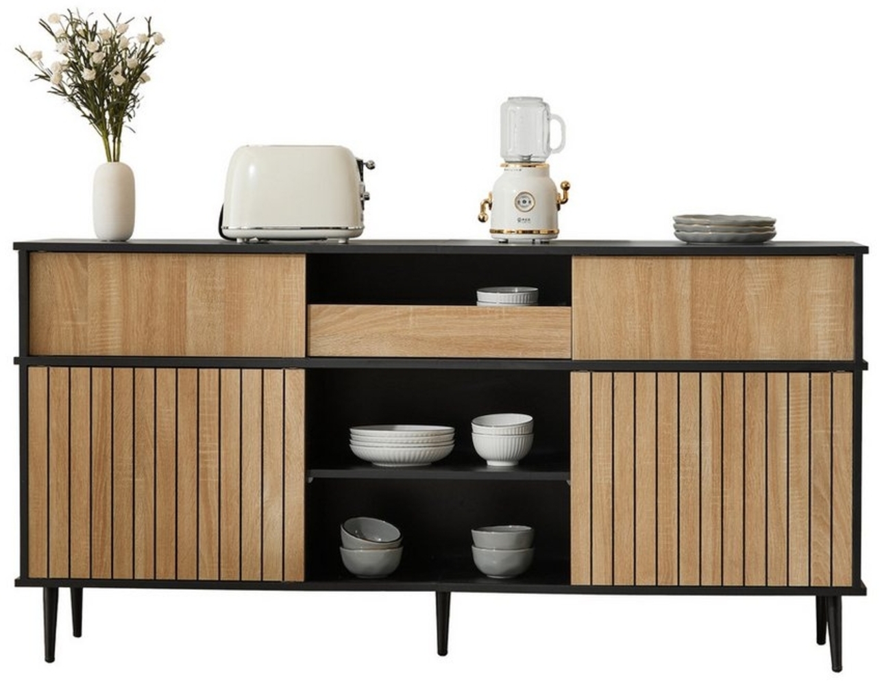 REDOM Sideboard mit großem Stauraum (Kommode, Wohnzimmerschrank,Anrichte, 1 St, 4 Schiebetüren und 1 Schublade), mit Harmonisches Kontrastdesign, Eichenfarbe und schwarze Kombination Bild 1