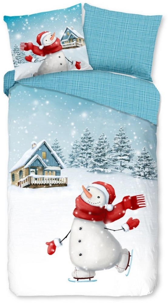 Good Morning Kids Flanell Bettwäsche 135x200 Snowman Schneemann Winter blau 30915 Bild 1