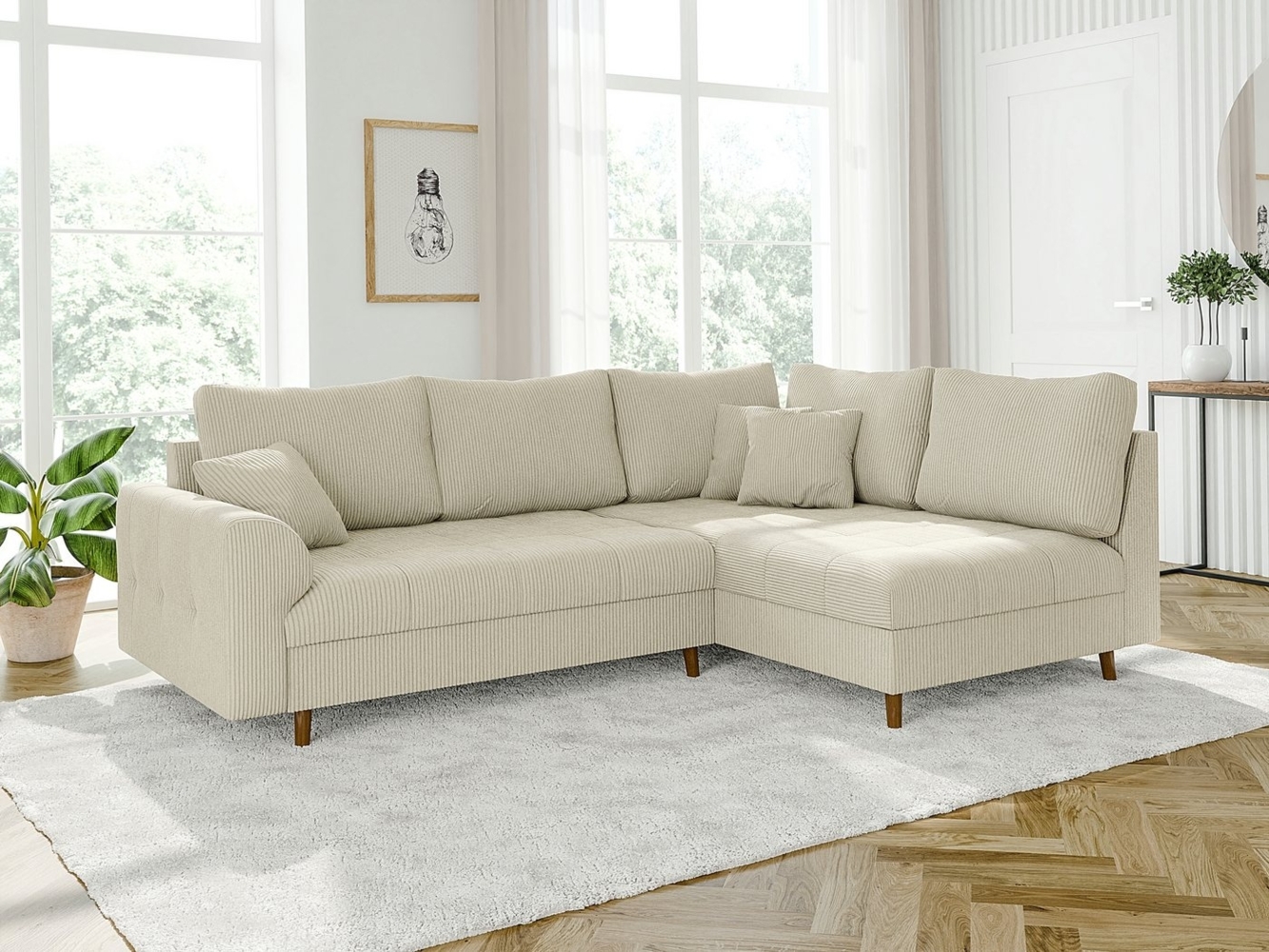 S-Style Möbel Ecksofa Zara mit Braun Holzfüßen im skandinavischen Stil aus Cord-Stoff, Ottomane links oder rechts bestellbar, mit Wellenfederung Bild 1