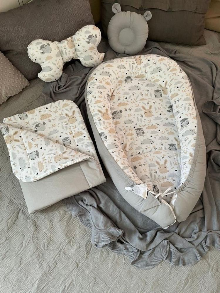 Loolay Bettnestchen BIO BAUMWOLLE BABYNEST Babykokon Neugeborene Babyaustattung SET, (4 Jahreszeiten Kuschelnest Reisebett SOLO/ o. im Premium SETS, 4-tlg, MUSTER: HASE Beige/ GRAU Nestchen 100% Baumwolle), LOOLAY® - 100% Europäische Stoffe und Kleinse... Bild 1