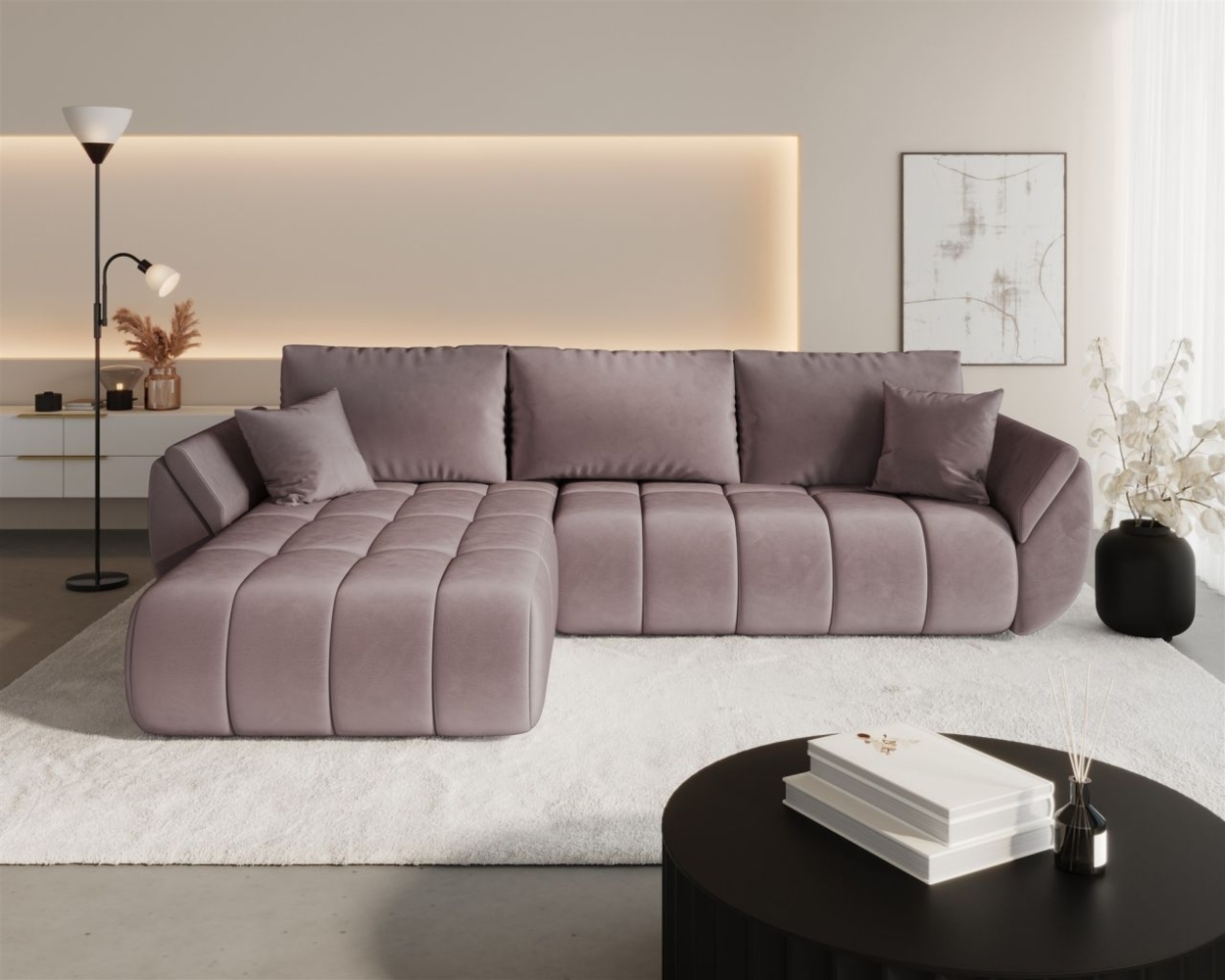 Ecksofa Schlafsofa MISATO Stoff Monolith Flieder Ottomane Links Bild 1