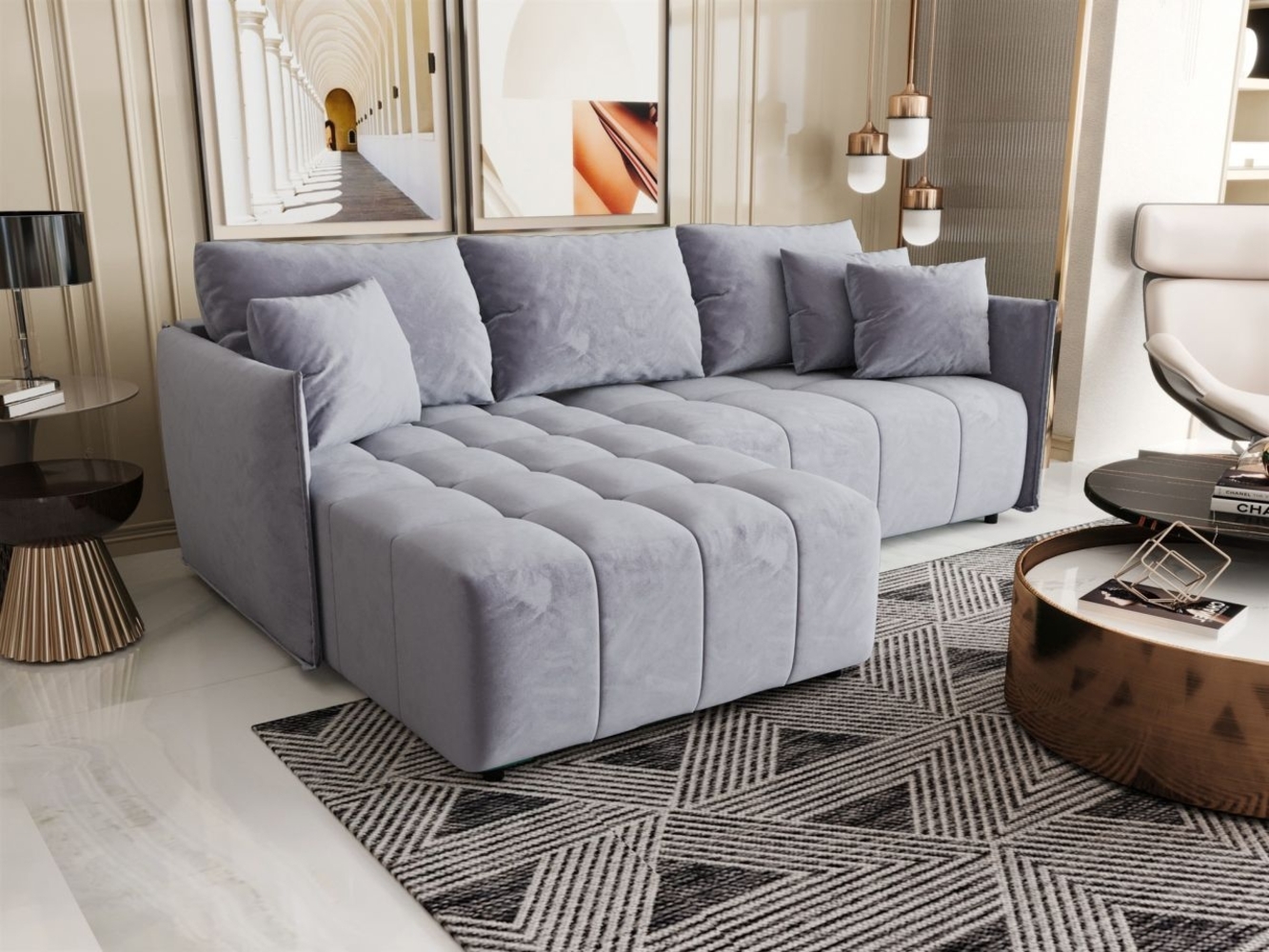 Ecksofa Schlafsofa TREVISO Stoff Monolith Hellblau Ottomane Links Bild 1