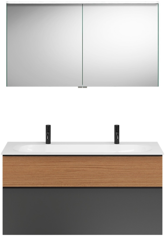 Burgbad FIUMO Waschtisch Set mit Spiegelschrank 122 cm breit, Braun/Anthrazit, Doppelwaschbecken Gussmarmor Weiß Bild 1