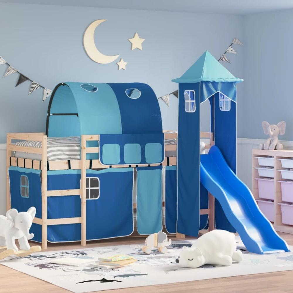 vidaXL Kinderhochbett mit Turm Blau 90x190 cm Massivholz Kiefer 3207109 Bild 1