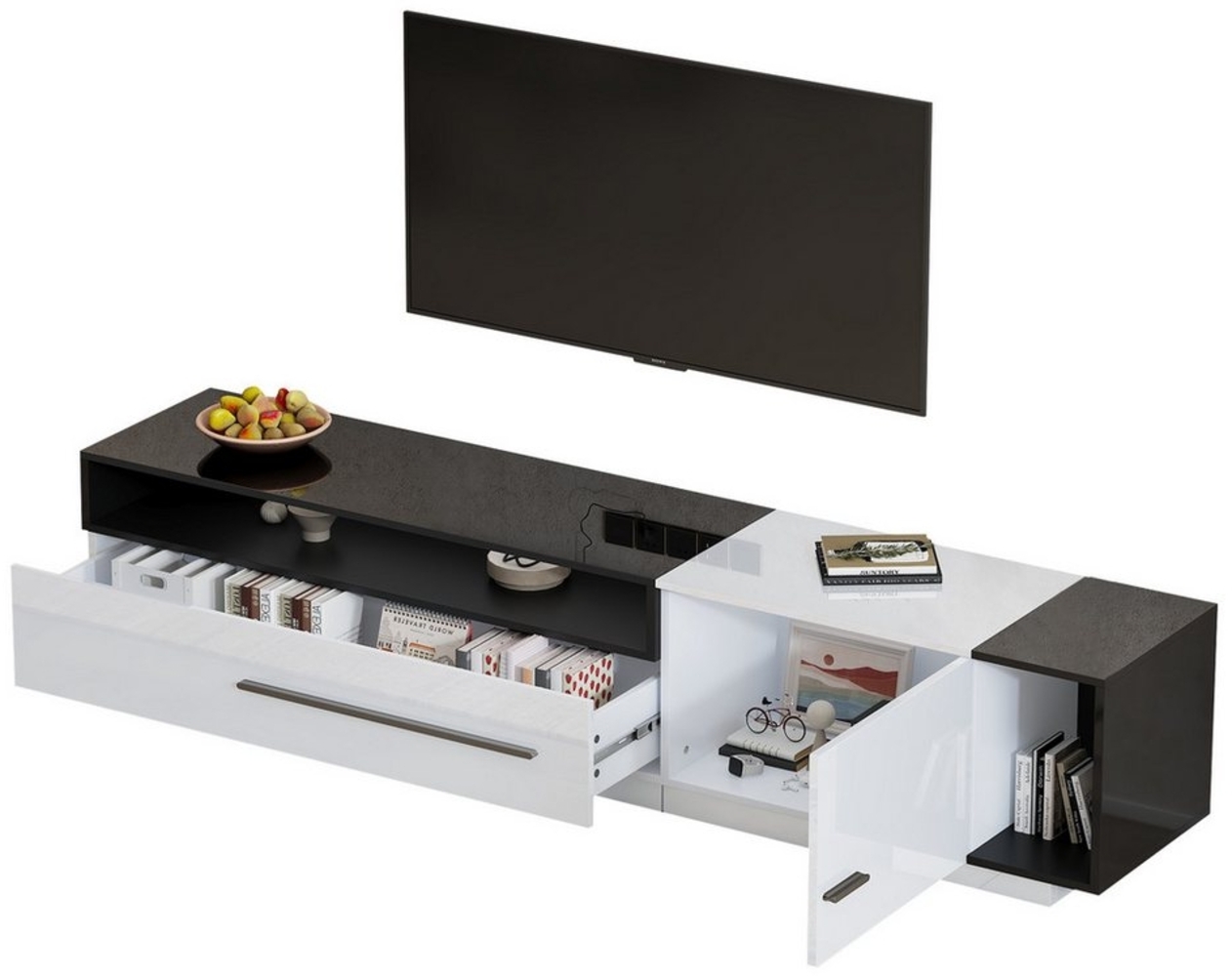 IDEASY Lowboard TV Schrank in Schwarz-Weiß mit Hochglanz-Oberfläche – 170 x 38 x 42,3 cm, TV Lowboard mit 2 Fächern, 1 Schrank und 1 Schublade – für 70 Zoll TV Bild 1