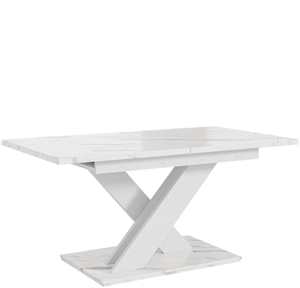 MEBLINI Esstisch Ausziehbar - 140-180x80x75cm - BRONX - Weiß Marmor/Weiß Matt - Esszimmertisch Modern - Küchentisch - Säulentisch - Ausziehtisch - Dining Table Bild 1