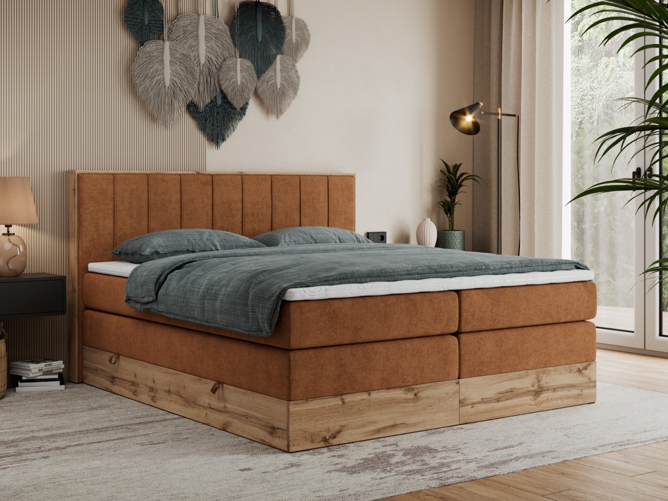 Boxspringbett BELLISSIMO KING, Doppelbett mit Multipocket-Matratze, Polsterbett mit Kopfstütze - 200 x 200 cm - Orange Stoff - H3 Bild 1