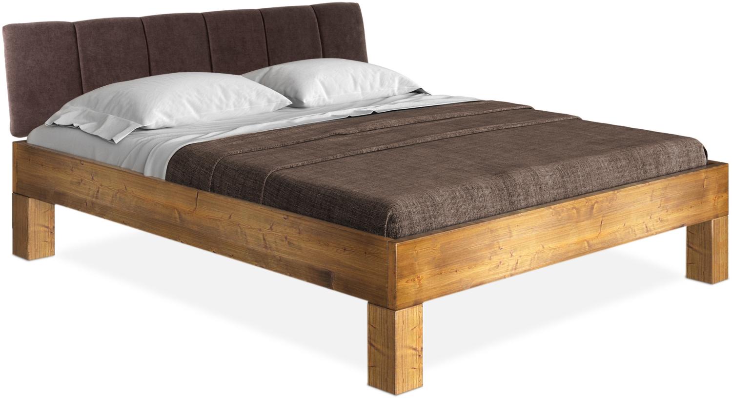 Möbel-Eins CURBY 4-Fuß-Bett mit Polster-Kopfteil, Material Massivholz, rustikale Altholzoptik, Fichte vintage 120 x 220 cm Standardhöhe Stoff Braun mit Steppung Bild 1