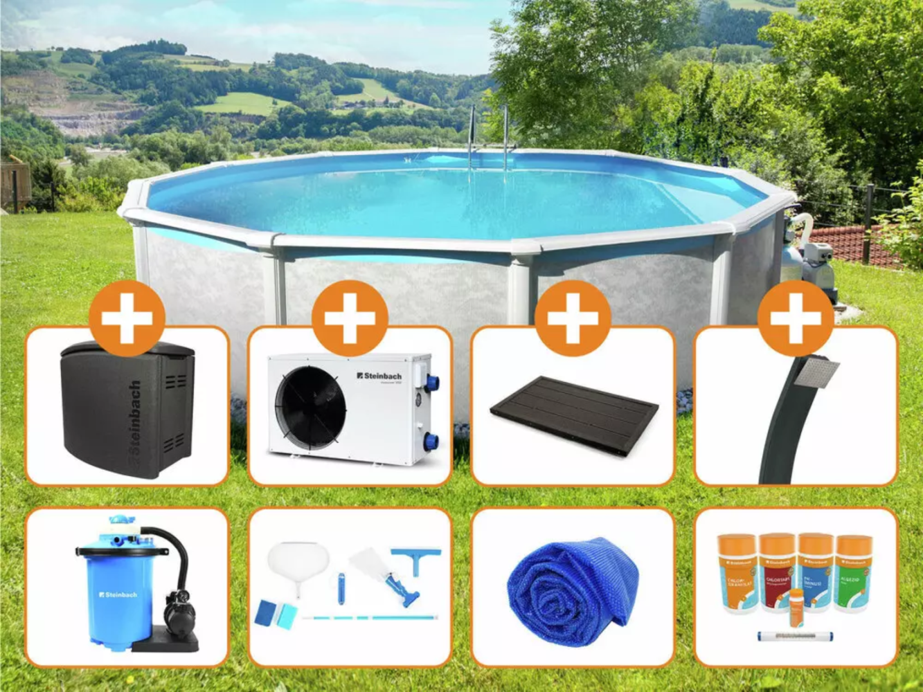 Steinbach Aktionsangebot Stahlwand Swimming Pool Set "Grande rund", Ø 549 x 135 cm,Zubehörset L (inkl. Filteranlage, Grundreinigungsset, Chlor Starterset, Solarabdeckplane, Pooltechnikbox, Wärmepumpe, Solardusche, Bodenelement) Bild 1