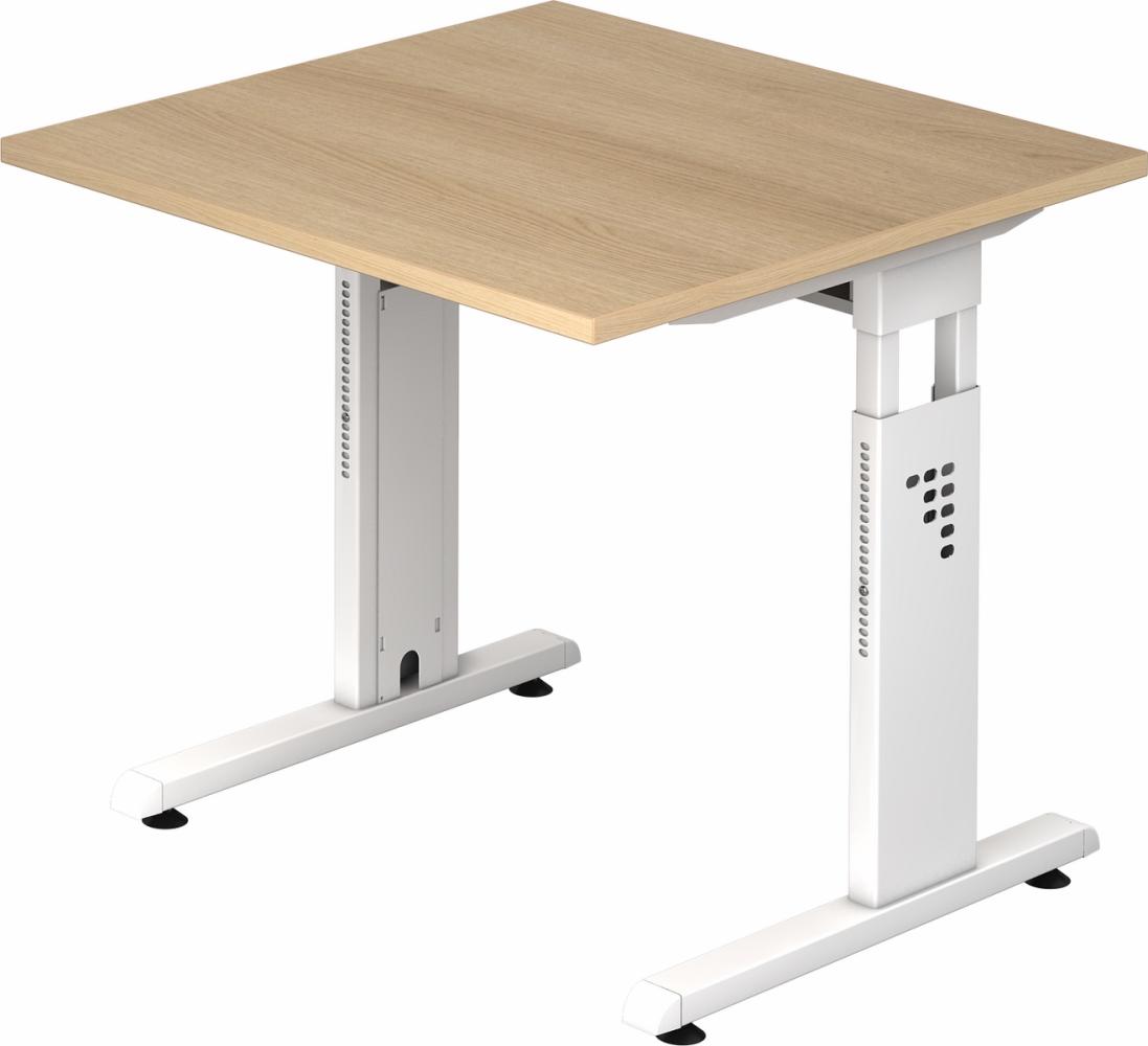 bümö höhenverstellbarer Schreibtisch O-Serie 80x80 cm in Eiche, Gestell in weiß - PC Tisch klein für's Büro manuell höhenverstellbar, Computertisch verstellbar, OS-08-E-W Bild 1