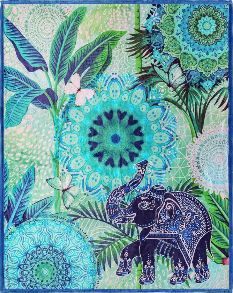 Plaid Isara, hip, Weich, Kuscheldecke, 130x160 cm, Wendeoptik, Mandala, Elefant Blau Bild 1