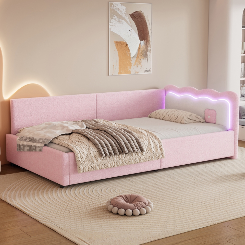 Merax Daybett, Tagesbett, Schlafsofa, 90*200cm, LED-Umgebungslicht mit Fernbedienung, Bett mit Lattenrost (ohne Matratze), Vliesimitat, Rosa Bild 1