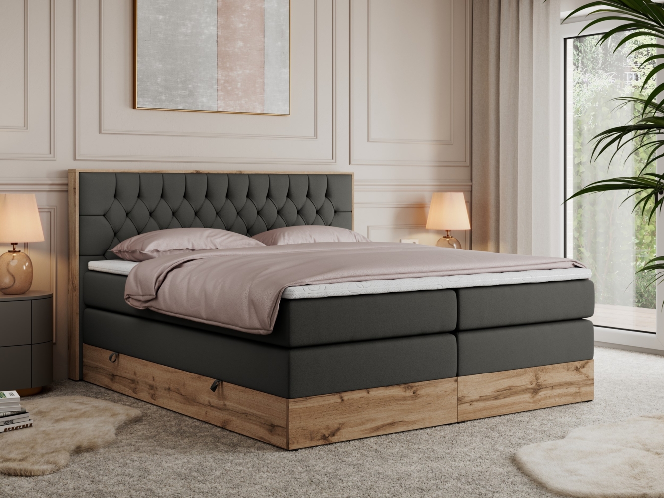 Boxspringbett AMORE KING, Doppelbett mit Multipocket-Matratze, Polsterbett mit Kopfstütze - 180 x 200 cm - Dunkelgrau Kunstleder - H4 Bild 1