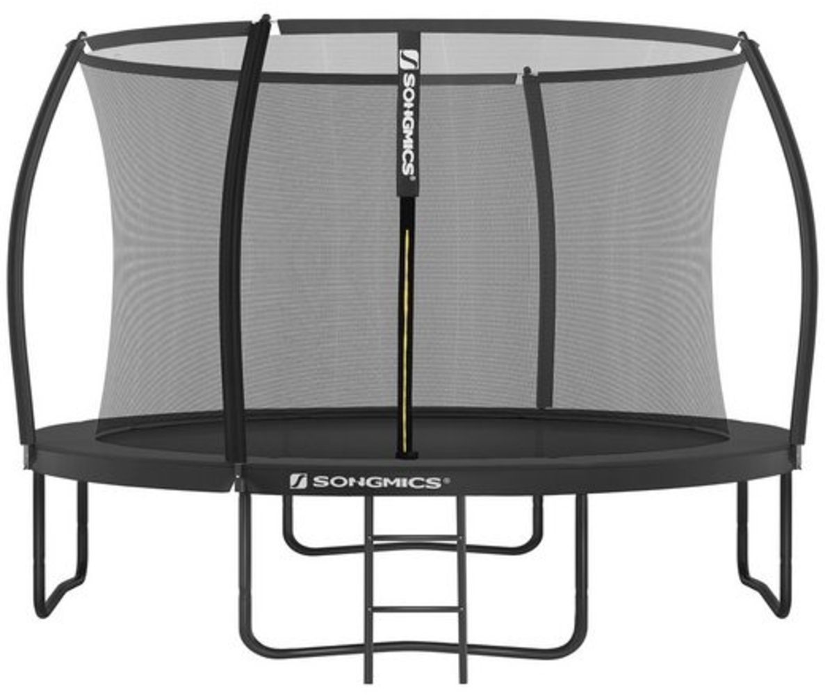 Trampolin Ø 366 cm, rundes Gartentrampolin mit Sicherheitsnetz, mit Leiter und gepolsterten Stangen, Sicherheitsabdeckung, sicher, schwarz STRDE122B01 Bild 1