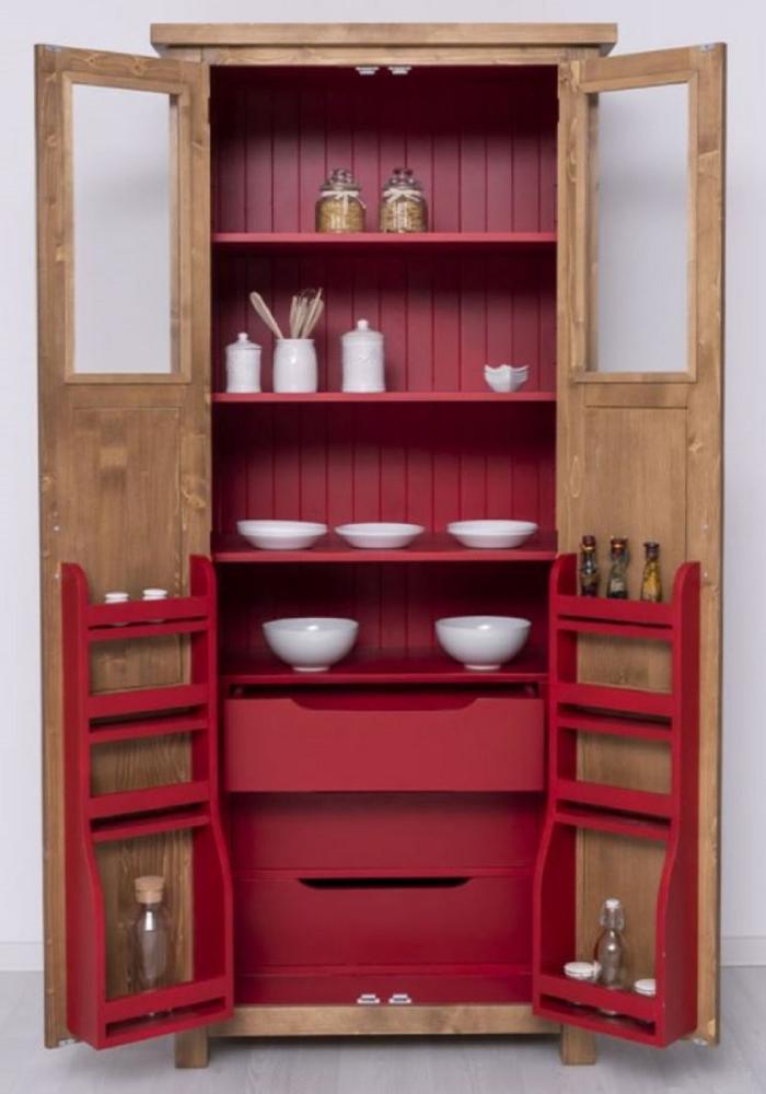Casa Padrino Landhausstil Esszimmerschrank Naturfarben / Rot 96 x 65 x H. 220 cm - Massivholz Küchenschrank mit 2 Türen - Esszimmer Möbel im Landhausstil - Landhausstil Esszimmer Einrichtung Bild 1