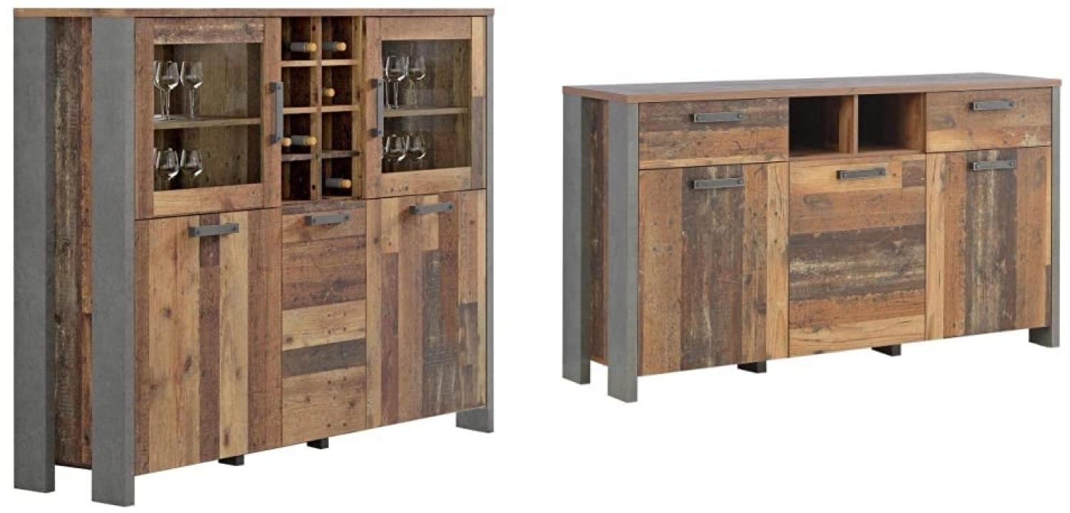 Forte Clif Highboardvitrine mit 3 Türen unf 2 Glastüren, Old – Wood Vintage/Betonoptik Dunkelgrau, 151,4 x 127,9 x 41,6 cm & Clif Kommode mit 3 Türen und 2 Schubkästen, 156,4 x 86,3 x 41,6 cm Bild 1