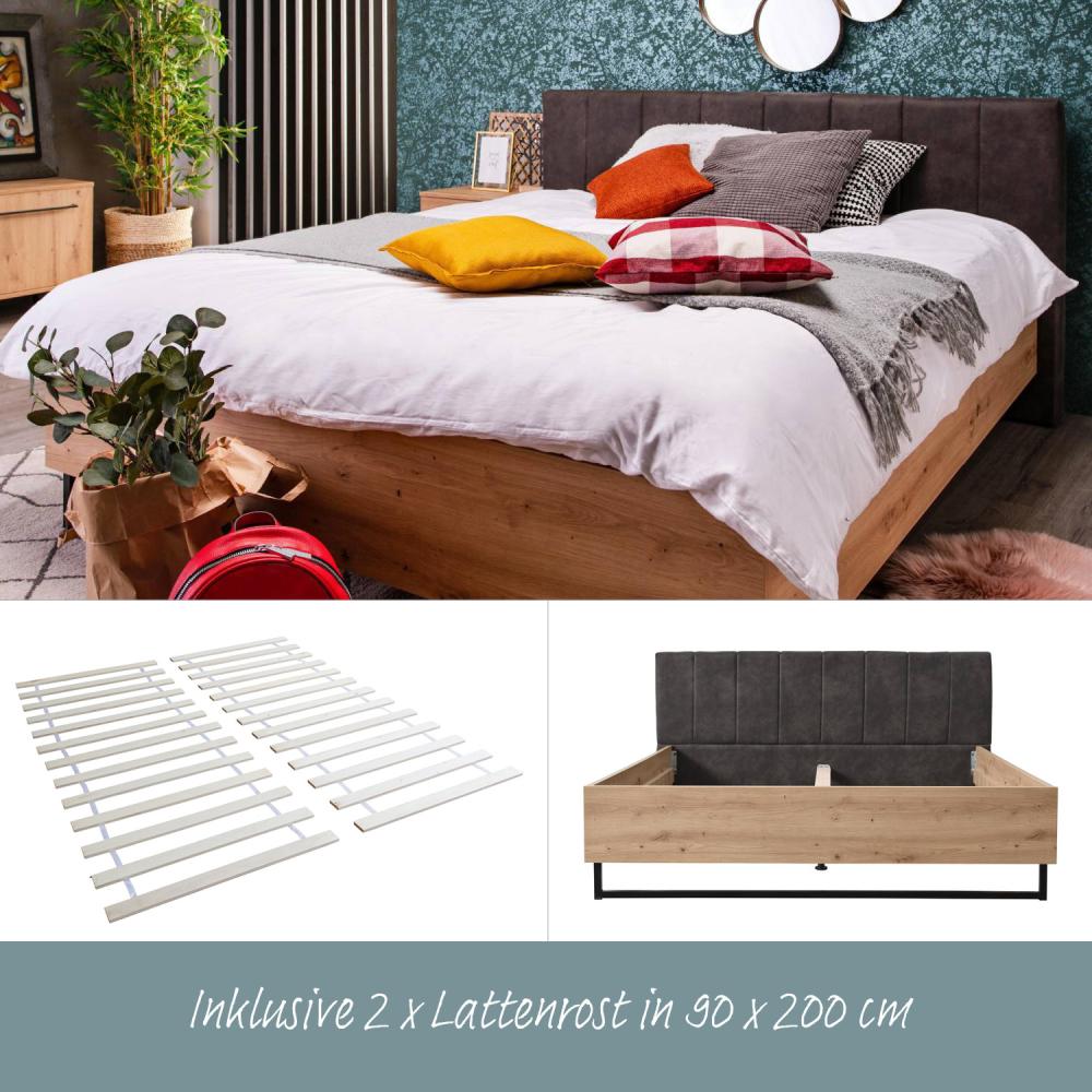 Doppelbett Holzbett Polsterbett 180x200 cm Bett Lattenrost Eiche Stoff Grau Industrial Style Bild 1