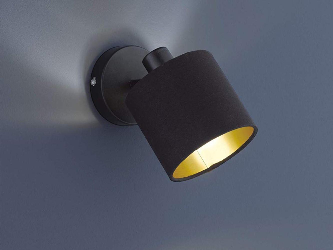 Reality Leuchten LED Wandstrahler, Extern dimmbar über Hausinstallation, LED wechselbar, Warmweiß, innen Wandlampe Treppenhaus Lampenschirme Stoff Schwarz Gold Höhe 19cm Bild 1