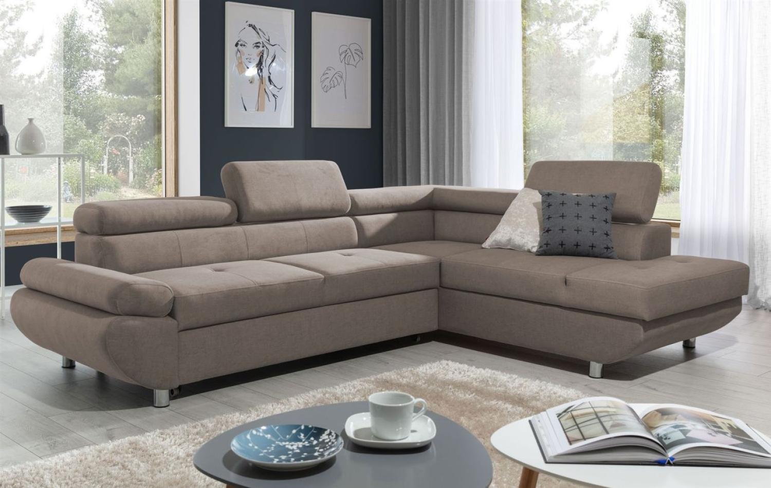 Ecksofa Sofa PANOS Stoff Esito Dunkelbeige mit Schlaffunktion Ottomane Rechts Bild 1