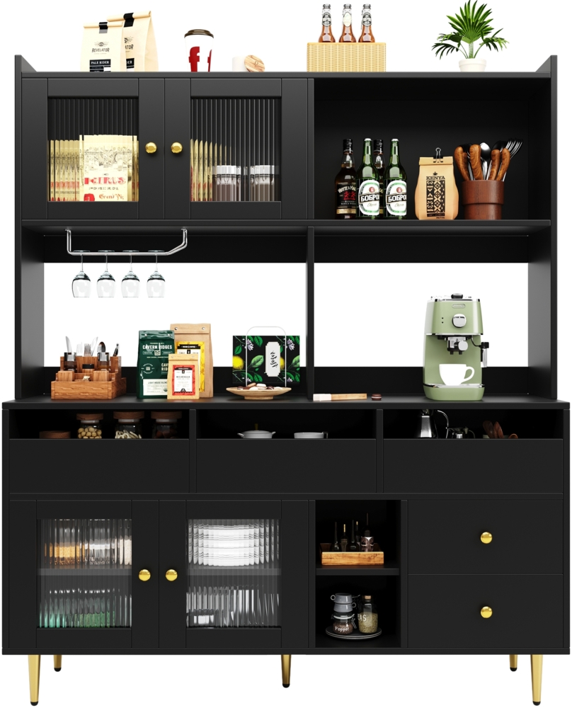 Merax Restaurant-Hochschrank Küchenschrank (145 x 39 x 171 cm), mit Changhong-Glastür, Weinglasregal, mehrschichtiger Stauraum, ruhiges Schwarz mit Golddekoration, geeignet für Restaurants Bild 1