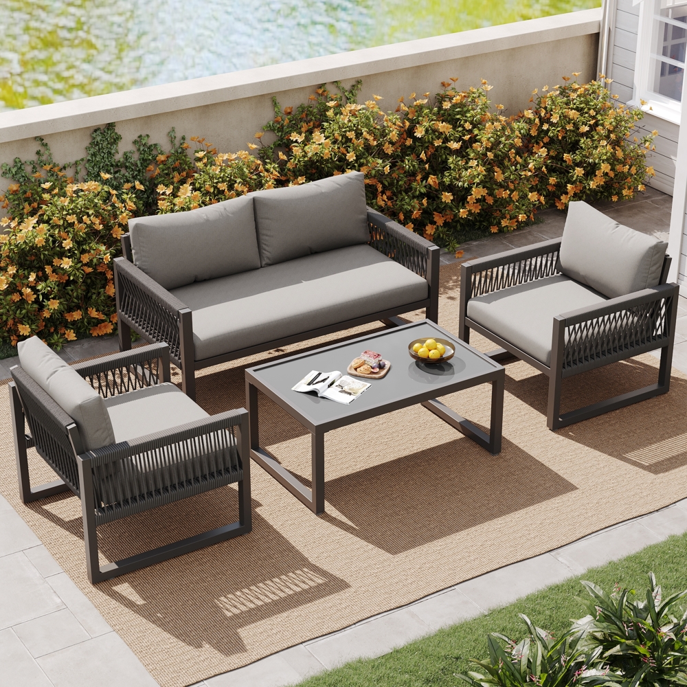 Merax Garten-Loungesessel-Set mit verzinktem Eisenrahmen, Gartenmöbel-Set aus Seil, Loungesessel-Set aus Seil mit Sitzkissen, verstellbaren Füßen, glatter Glasplatte, 4er-Set, grau Bild 1