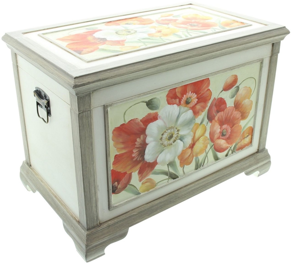 Dekoleidenschaft Truhe "Blumen" Holztruhe, Aufbewahrungstruhe im Bauern-Stil, 52x32x37 cm, Truhe aus Holz mit Deckel, Wäschetruhe, Schatztruhe, Spielzeugtruhe Bild 1