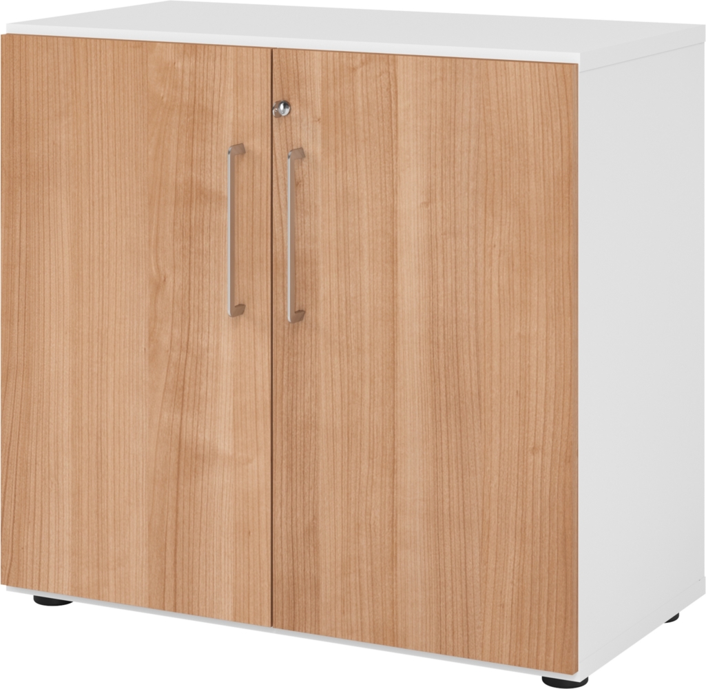 bümö Aktenschrank abschließbar, Büroschrank Holz 80cm breit in Weiß/Nussbaum - abschließbarer Schrank mit Aktenregal für's Büro & Arbeitszimmer, Büro Möbel Ordnerschrank mit Schloss, 928T2-W-N-BS Bild 1